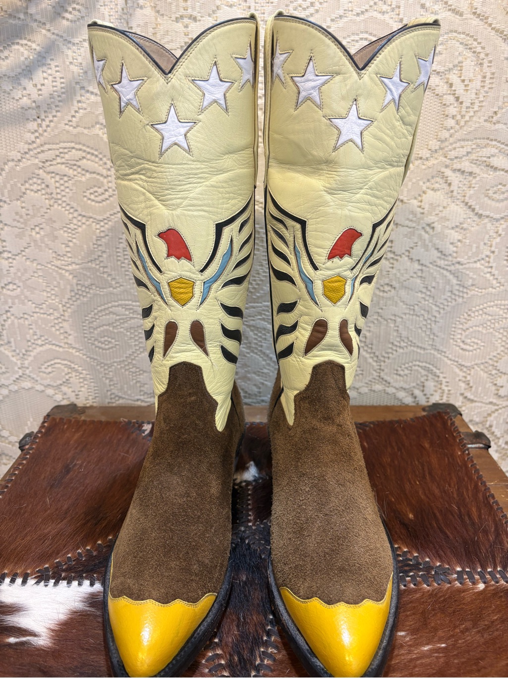 Handcrafted Rj Of El Paso Western Heeled Boots In Yellow And Brown Suede Size 9
